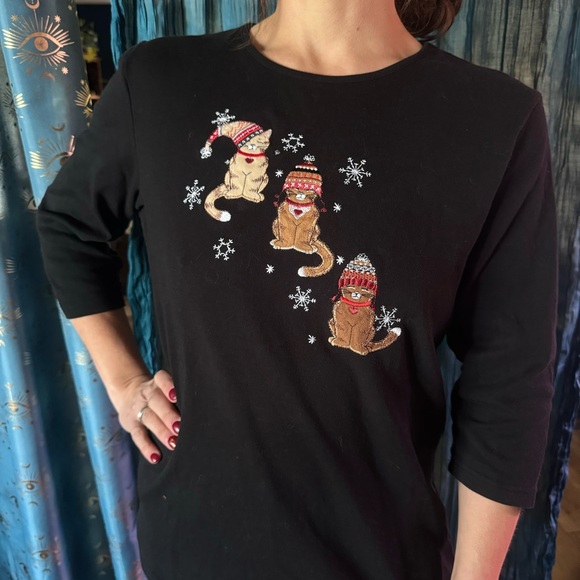 Embroidered Christmas Cats Large Black Long Sleeve Shirt - Picture 3 of 13